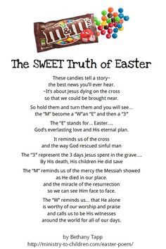 the sweet truth of easter poem with candy and candies on it's side