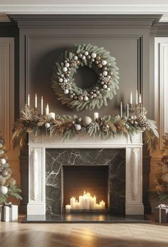 a fireplace decorated for christmas with candles and wreath