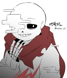 a drawing of a skeleton wearing a scarf and holding his hand up to the camera