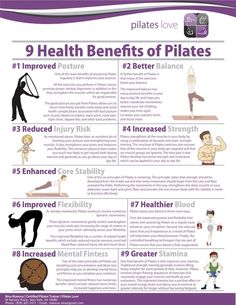 the 9 health benefits of pilates poster is shown in purple, with an image of