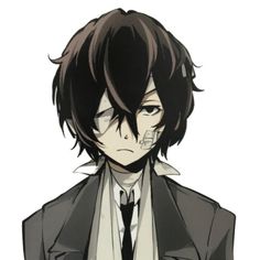 an anime character wearing a suit and tie with his eyes closed, standing in front of a white background