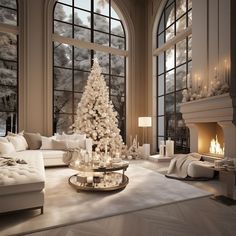 a living room with a christmas tree in the corner and candles on the coffee table