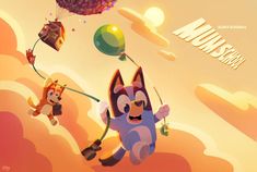 two cartoon characters are flying in the sky with balloons and kites on their heads