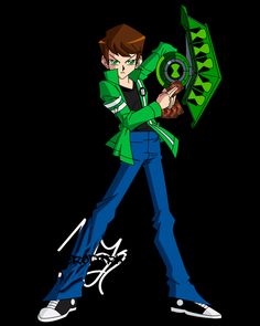 a cartoon character holding a green and black object in one hand while standing with his arms crossed