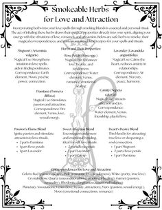 the smokeable herbs for love and attraction recipe is shown in black and white with ornate border