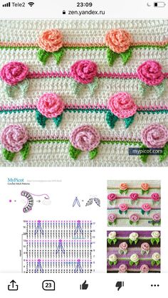 the crochet rose pattern is displayed on an iphone screen, and there are pictures of it