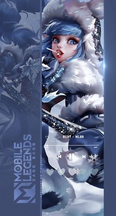 an anime character with blue hair and snow on her face