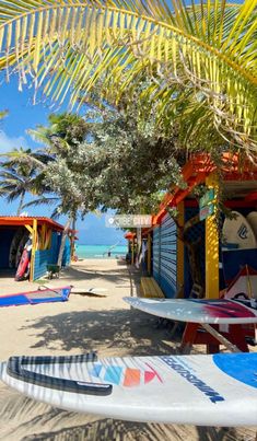 several surfboards are lined up on the beach near some huts with palm trees in the background