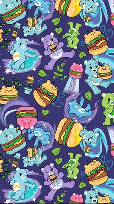 a bunch of cartoon bears and hamburgers on a purple background