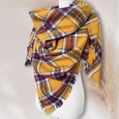 Handmade, custom, personalized, unique scarf by ITB Design. Follow us for our fashion and style tips on how to wear and tie scarves for any season. Check out the scarves and be inspired. Oversized, ultra soft, multicolored tartan plaid blanket scarf. Stylish, chic with fringed ends. Perfect for keeping warm in fall/winter months, great for ball games and showing school colors. IN CASE YOU CHOOSE TO PERSONALIZE YOUR SCARF, follow the next steps: IN THE NOTES BOX AT CHECKOUT: 1) Please list your letters in the order you want your monogram. Your order will be monogrammed in the order in which you list your letters. A personalization guide can be found in the listing pictures. 2) List your monogram font. A guide with all the fonts can be found in the pictures. 3) Thread Color. A guide with all Tartan Shawl, Mustard Scarf, Tie Scarves, Unique Scarf, Monogrammed Scarf, Ball Games, Plaid Blanket Scarf, Plaid Blanket, Oversized Scarf