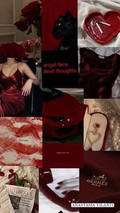 a collage of red and white images with the words, angel face devil thoughts