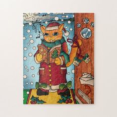 a jigsaw puzzle with a cat in the snow holding a christmas tree and an ornament