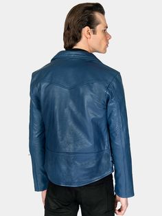 The Defector blue leather jacket combines old-school style with stand-out features, notably a forearm zipper, polished nickel ball pull zippers, side straps, and a curved hem. The body features quilted lining and the sleeves are non-quilted. Fitted, premium leather relaxes and conforms to your shape and breaks in perfectly. ✦ Slim fit. Size up for a relaxed fit, additional room, or layering.✦ Premium full-grain buffalo napa leather is 1 – 2 mm thick. Leather and fit for style and function. ✦ Leather quickly conforms to your shape and breaks in within one season.✦ Ideal leather for motorcycle riding and is built to last.✦ Removable STH engraved metal church key hangs from inside pocket.✦ Double-stitched seams in interior lining for additional reinforcement.✦ Durable YKK zippers.✦ One STH en Fitted Blue Biker Jacket With Zipper Closure, Fitted Biker Jacket With Snap Buttons, Classic Blue Long Sleeve Leather Jacket, Moto Style Blue Outerwear For Biker Events, Blue Moto Outerwear For Biker Events, Blue Moto Biker Jacket With Zipper Closure, Moto Blue Outerwear For Biker Events, Blue Biker Jacket With Zipper Closure, Fitted Blue Leather Outerwear