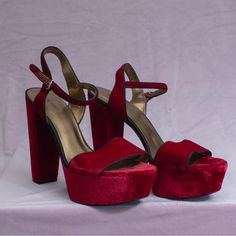 Gorgeous Deep Red Velvety Platform Heels With Ankle Strap. Heel About 6in, Platform 2in. Never Worn Outdoors. Sexy Af! Glamorous Red Open Heel Heels, Red Platform Heels For Evening, Red Heels With Heel Strap For Night Out, Glamorous Red Block Heel, Red Block Heel For Night Out, Glamorous Red Platform Heels, Glamorous Red Block Heel Heels, Burgundy Block Heel Party Shoes, Red Block Heels For Night Out