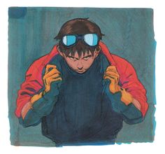 a drawing of a man with goggles on his head and jacket over his shoulders