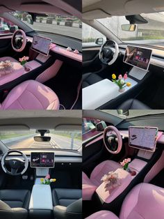 the interior of a car with pink leather seats and flowers in vases on the center console