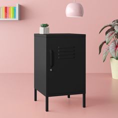 a black cabinet next to a potted plant on a pink surface with bookshelves in the background