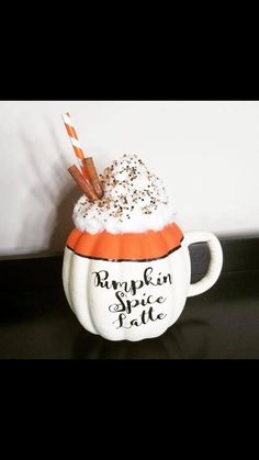 Pumpkin Spice Pumpkin Decorating, Food Painted Pumpkins, Cute Painted Halloween Pumpkins, Coffee Pumpkin Decorating, Oval Pumpkin Painting Ideas, Starbucks Pumpkin Painting, Pumpkin Spice Latte Pumpkin Painting, Coffee Pumpkin Painting, Pumpkin Decorating Ideas Paint