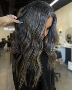 Subtle Dirty Blonde Highlights for Camouflaging Gray Ash Blonde Balayage Highlights On Dark Hair, Grey Cover Up For Dark Hair, Gray Hair Brown Highlights, Highlights To Blend Gray Hair Black, Brunette Grey Highlights, Natural Gray Highlights On Dark Hair