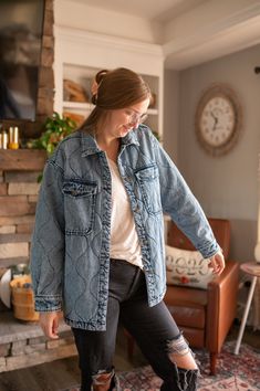 Our Vintage Denim Shacket is the perfect blend of style and function. An eye-catching washed quilted jacket with flap and side pockets means you can look great while carrying what you need. While staying warm with a lined inside layer. Perfect for any adventure! True to size with a slight oversized feel. Winter Utility Jacket With Patch Pockets In Medium Wash, Winter Denim Shacket With Washed Detail, Medium Wash Long Sleeve Outerwear With Multiple Pockets, Medium Wash Outerwear For Fall Outdoor Activities, Winter Outerwear With Flap Pockets In Medium Wash, Denim Button-up Outerwear With Multiple Pockets, Winter Denim Shacket With Pockets, Relaxed Fit Denim Outerwear For Outdoor, Medium Wash Utility Jacket With Pockets For Winter