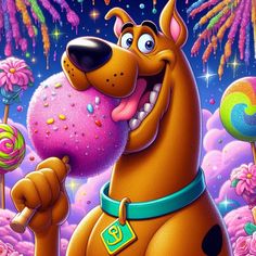 a cartoon dog holding a lollipop in its mouth