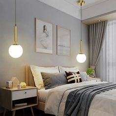 a bedroom with gray walls and white bedding, two lamps on either side of the bed