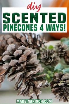 pine cones with text overlay saying diy scented pinecones 4 ways