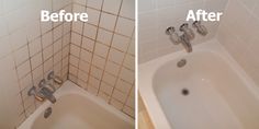 before and after pictures of a bathtub remodel with white tile on the walls