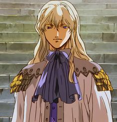 an anime character with blonde hair and blue eyes standing in front of some stone steps