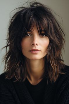 Brunette Shaggy Bob With Bangs, Medium Shag Lob Haircut, Medium Shag For Round Faces, Rocker Chic Hair Medium, Lob With Fringe Fine Hair, Layered Shaggy Bob With Bangs, Long Shaggy Bob With Bangs, Shaggy Lob With Bangs Round Faces Long, Textured Long Bob With Bangs