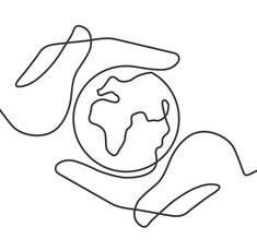 a hand holding a small earth in it's palm, with one line drawing