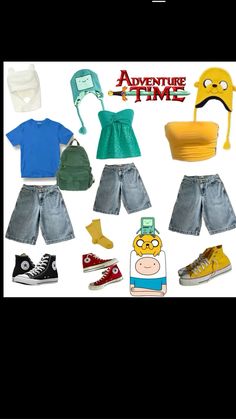 an assortment of clothes and accessories are arranged in the shape of a character from adventure time