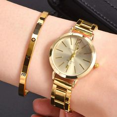 2pcs Set Watch Luxury Women Simple Dial Hollow Strap Fashion Gold Bracelet Quart Men's Vintage Watch, Watch Luxury, Ladies Watches, Womens Watches Luxury, Stylish Watches, Women's Casual Style, Wedding Watch, Bracelet Clasps, Women Wrist Watch