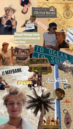 the collage shows people and signs in different locations, including one man with a surfboard