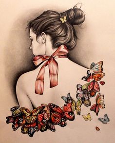 a drawing of a woman with butterflies around her neck and the back of her body