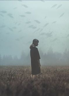 a person standing in a field with fish flying above her and looking at the sky