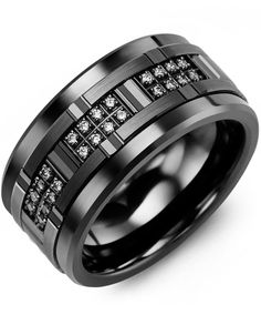 a black wedding band with white diamonds inlaying the center and channeled edges