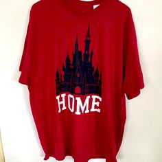 Red T-Shirt Castle. Spell Out: Home. New With Tags. Red Disney Graphic T-shirt, Red Disney Graphic Print T-shirt, Red Graphic Print Top For Disney Fan Events, Red Disney Crew Neck Top, Red Graphic Tee For Disney Fan Events, Red Disney Crew Neck T-shirt, Red Disney Short Sleeve Tops, Red Disney Graphic Print Top, Disney Tops