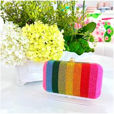 Hand Beaded Rainbow Hard Sided Clutch & 3D White Floral Bag with Optional Chain Multicolor Evening Bag For Events, Multicolor Clutch With Chain Strap For Party, Multicolor Clutch With Chain Strap For Evening, Rainbow Rectangular Bag For Parties, Multicolor Rectangular Evening Bag, Multicolor Evening Bag With Chain Strap, Multicolor Chain Strap Evening Bag, Rainbow Rectangular Party Bag, Beaded Rainbow