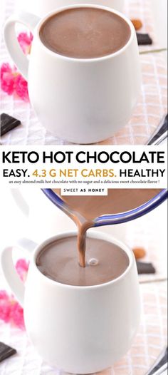 two mugs filled with hot chocolate are stacked on top of each other and the title reads keto hot chocolate easy & healthy