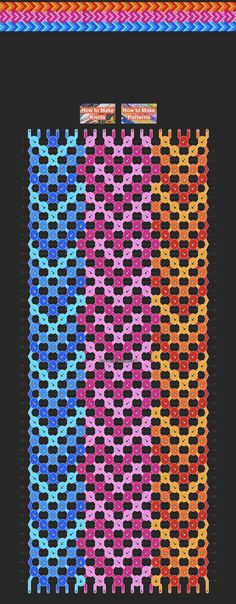 an image of a cross stitch pattern with different colors and shapes on black background,