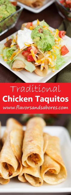 chicken taquitass with lettuce, tomatoes and cheese on the side