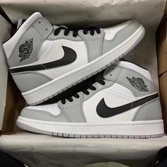 Air Jordan 1 Mid Light Smoke Grey Jordan 1 Shoes For Women, Jordan 1 Smoked Grey Mid Outfit, Cool Nike Shoes Women Sneakers, All Nike Shoes Women, Aesthetic Air Jordans, Grey Nike High Tops, Good Nike Shoes, Cool Jordans Shoes