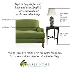 a green couch and table with the words typical heights for sofa back and arm english roll arm and end table and table lamp