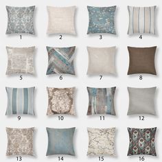 pillows with different patterns and sizes are shown in the image, along with numbers for each pillow