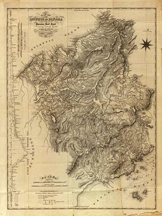 an old map of the state of pennsylvania with mountains and rivers in black ink on parchment paper