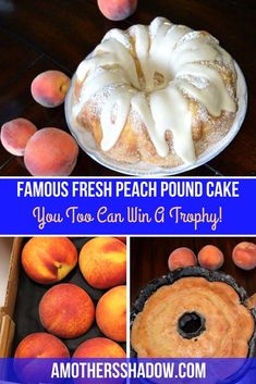 peach pound cake with icing and fresh peaches