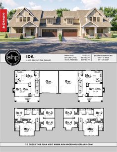 the floor plan for this four bedroom, two story home with an attached garage and three car