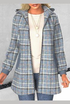 Zipper Plaid Dusty Blue Hooded Long Sleeve Coat Long Sleeve Coat, Plus Size Outerwear, Blue Jumpsuits, Lovely Tops, Long Sleeves Coats, Short En Jean, Hooded Coat