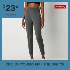 Pull on this sleek yet comfy pair of Xersion women's high-rise jogger pants for active days or workouts. Made from a smooth recycled stretchy fabric with quick-dry properties, these pants have an elastic-waist, two pockets, and cuffed legs. Pair it with a tank top or workout tee. Front Style: Flat FrontFeatures: Quick Dry, Stretch FabricClosure Type: Full ElasticFit: Regular FitPockets: 2 Side Slip PocketsRise: High RiseSupport: Light SupportFiber Content: 87% Polyester, 13% SpandexFabric Descr… Go-dry Joggers For Workout, Comfort Stretch Sweatpants For Sports, High Stretch Moisture-wicking Sweatpants, Pants Jogger, Pull On Pants, Workout Tee, Stretchy Fabric, Jogger Pants, Quick Dry